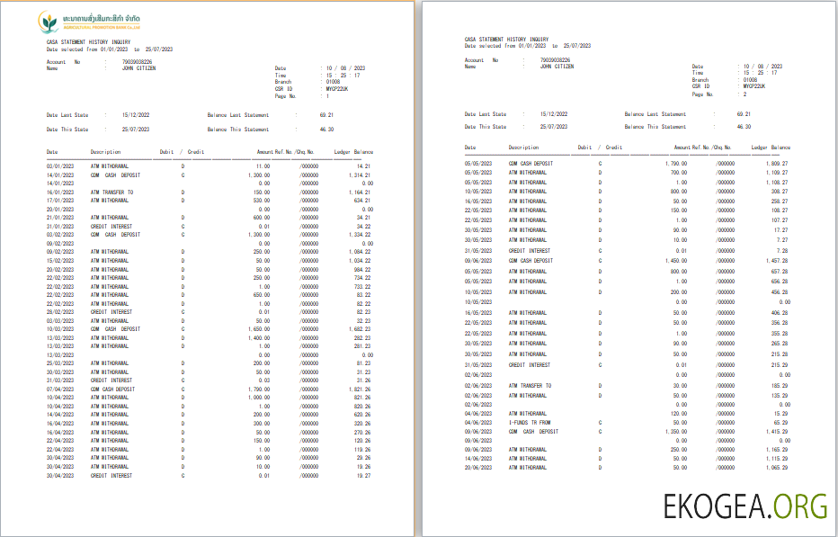 Relevé de la Banque de promotion agricole du Laos Modèle Word et PDF, 3 pages template Relevé de la Banque de promotion agricole du Laos Modèle Word et PDF, 3 pages template